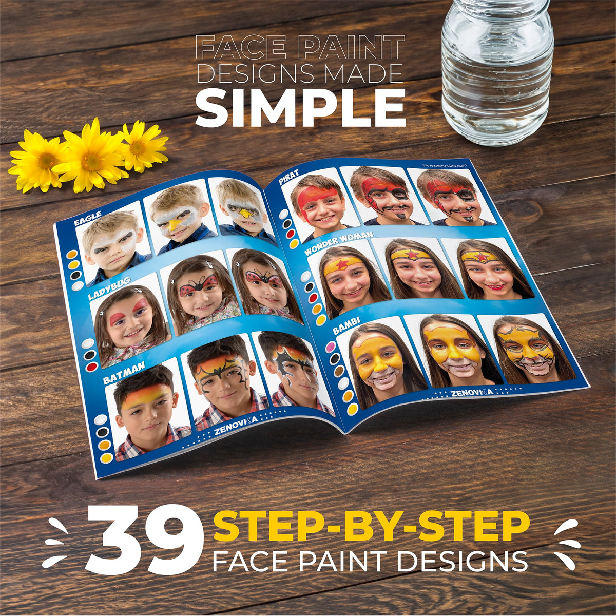 Zenovika Face Painting Kit for Kids - 28 Colors with 5 Metallics & 3 Blacklight Neons, 60 Reusable Stencils & 39-Design Book, Water Activated Face Paint, Washes Off with Soap & Water, Halloween