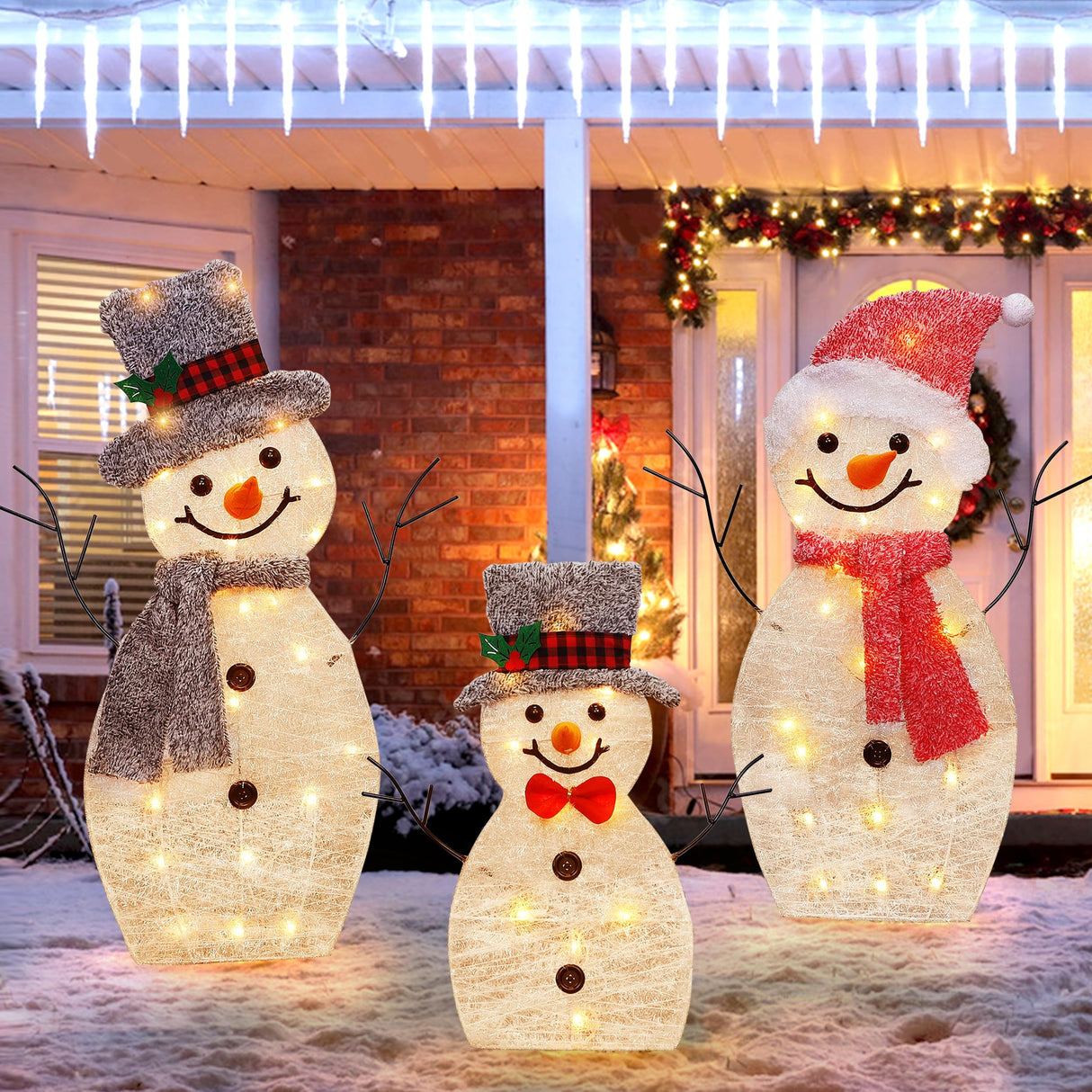 ATDAWN Light Up Snowman Family, Pre-Lit 60 Lights Christmas Collapsible Snowman Outdoor Decoration, Outdoor Lighted Snowman Christmas Yard Decorations, SF02