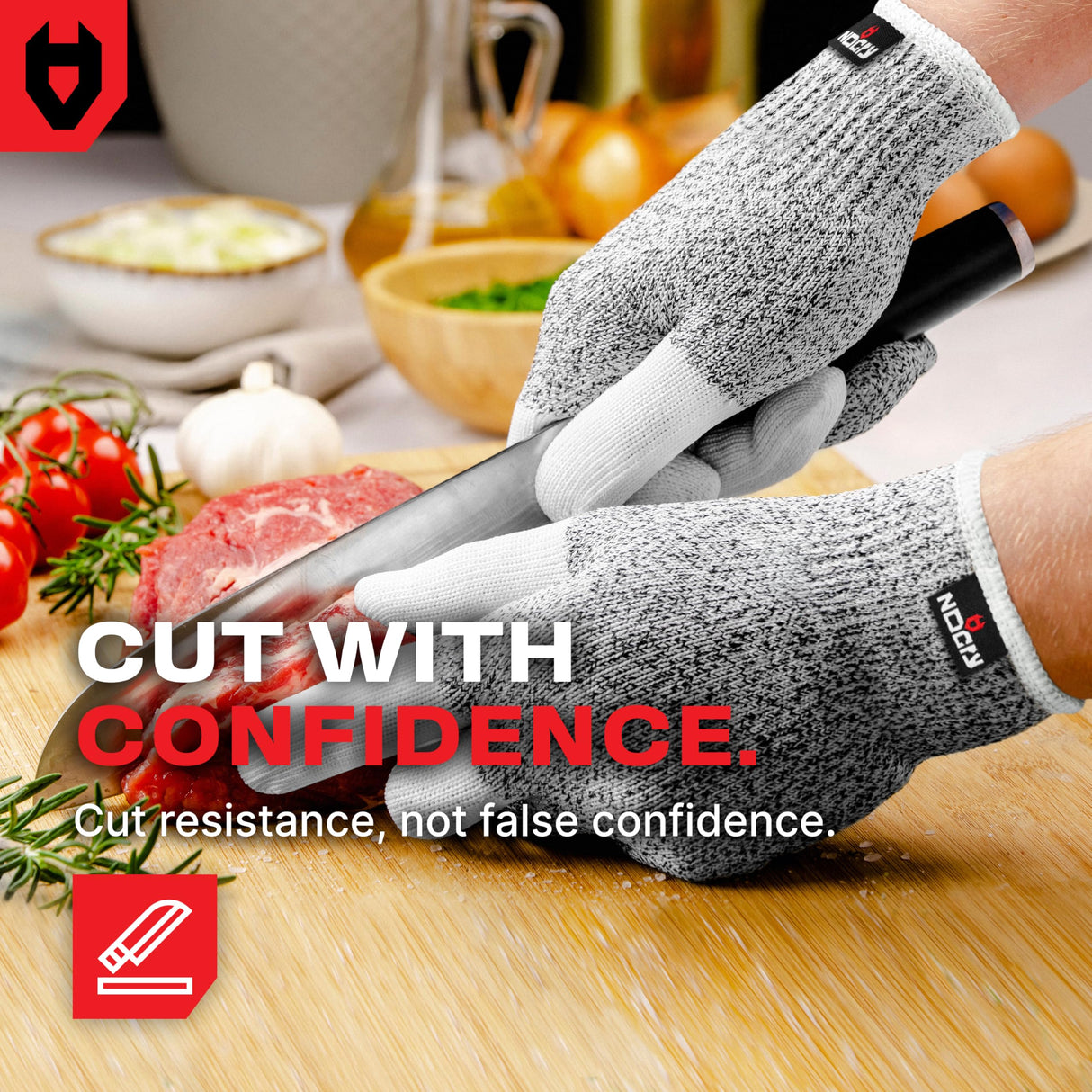 NoCry Cut Resistant Work Gloves for Women and Men, with Reinforced Fingers; Comfortable, 100% Food Grade Kitchen Cooking Hand Protection; Ambidextrous Safety Gear for Cutting; Level 5 Protection