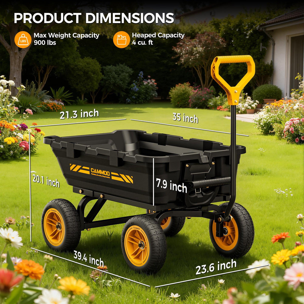 CAMMOO 900 lb Garden Dump Cart, Expandable, 10 in No-Flat Tires