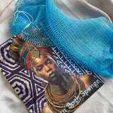 AFRIKI African Net Sponge, Authentic African Exfoliating Sponge, Black Owned, Back Scrubber, 45inch Long, for Normal to Sensitive Skin, for Daily use, Sky Collection