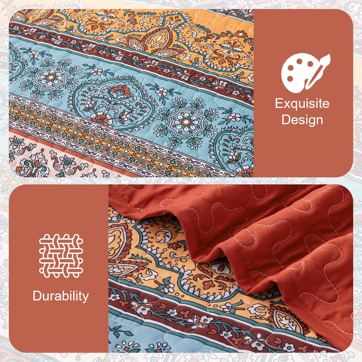 WONGS BEDDING Boho Quilt Set King Size Burnt Orange, 3 Pieces Fall Striped Bedspread Coverlet Set, Christmas Halloween Soft Lightweight Microfiber for All Season(104"×90")