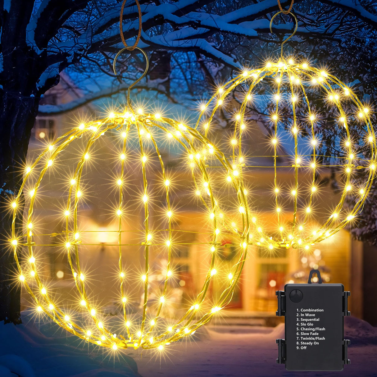 Set of 2 Outdoor Hanging Ball Lights - 2 Sizes of Christmas Battery Operated Garden Lanterns Waterproof Globe Fairy Lights with 8 Lighting Modes Timer Memory Function (Warm White)