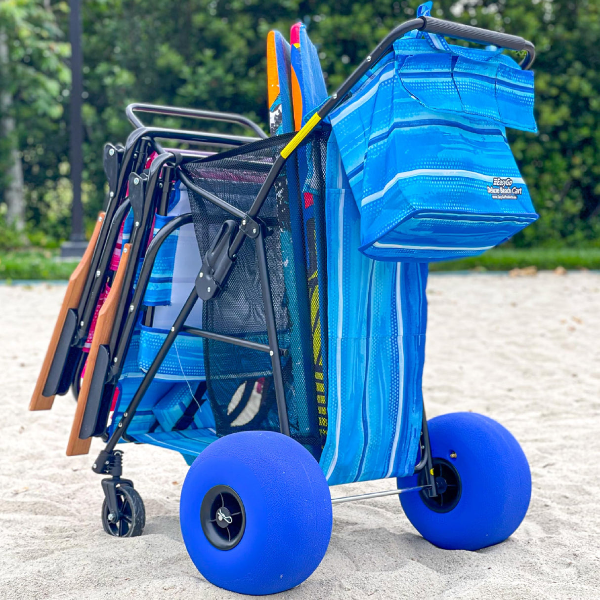 Beach Cart Balloon Wheel Deluxe Heavy Duty Folding Ocean Utility 13” x 7” Sand Wheels Holds 4 Folding Chairs Umbrella Holder Removable Beach Bag Blue Striped Pattern