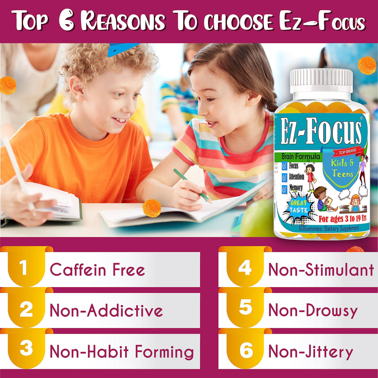 Ez Focus Gummies for Kids Brain Focus Support Chewable Focus Kids Vitamins Attention Supplement for Kids Children and Teens Kids Gummies for Focus Calming Natural Omegas DHA School Study Task