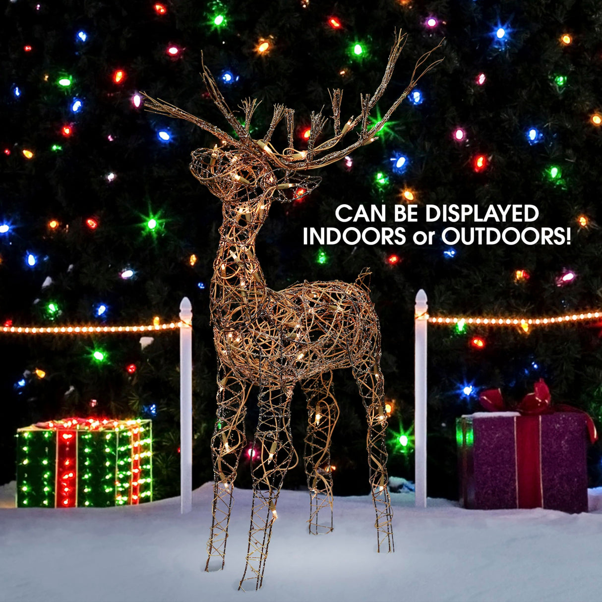 Alpine Corporation | 35" Outdoor Rattan Reindeer Decoration with 60 White LED Lights – Lighted Christmas Lawn & Yard Décor, Weather-Resistant Holiday Display