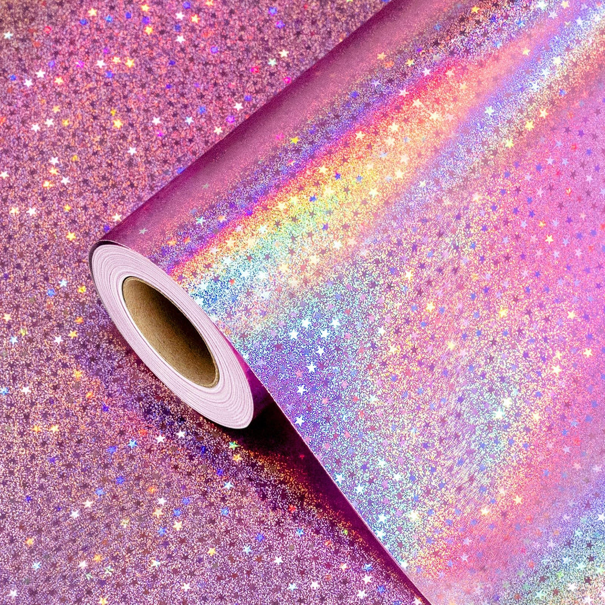 Burymento Pink Wrapping Paper Roll, Metallic Holographic Star Gift Wrap for Birthday, Valentines, Mothers day, Graduation, Wedding, Fathers day, Baby Shower, Christmas (30 IN x 32.8 FT)