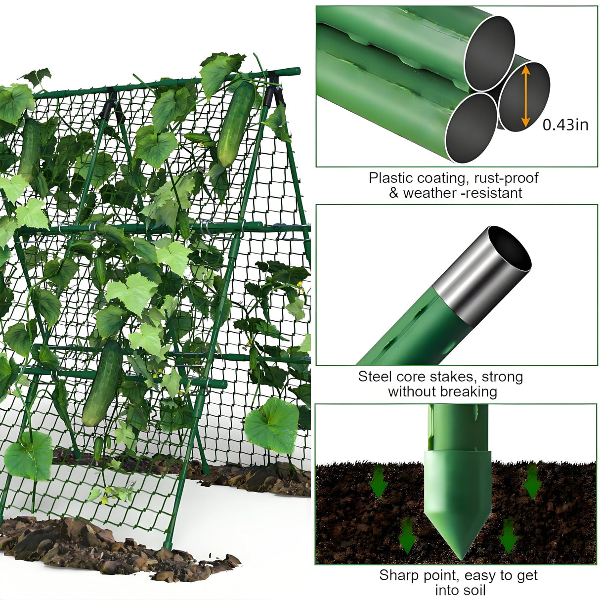 Garvee Outdoor Plant Support Trellis, 4 ft x 4 ft Metal A-Frame with Netting for Tomatoes Cucumbers Peas Beans Grapes, Climbing Vegetable Garden Trellis for Raised Beds, Green