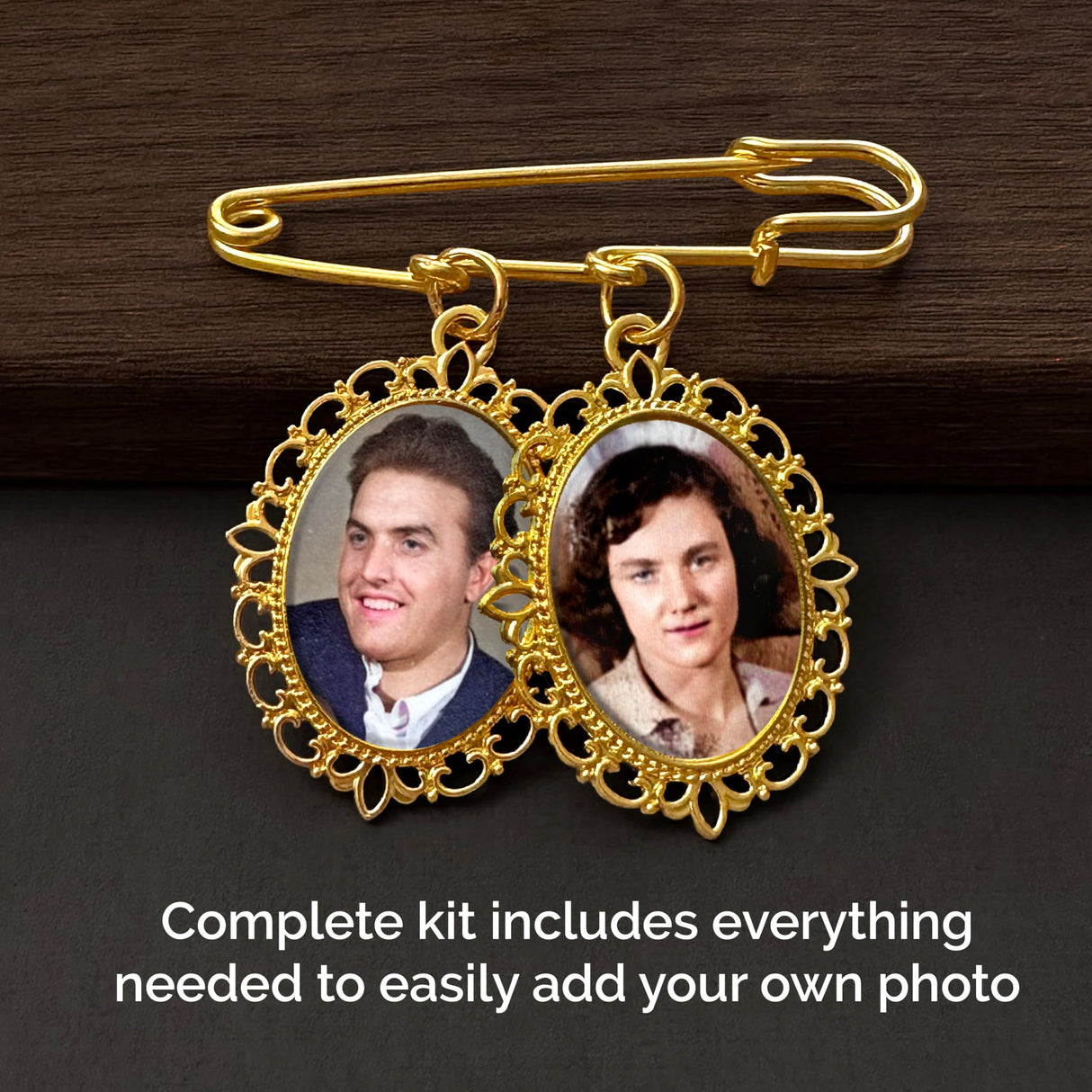 Gold Wedding Bouquet Photo Charm Pin Holds 2 Pictures Double Photo Charm Boutonniere Pin with Resizer
