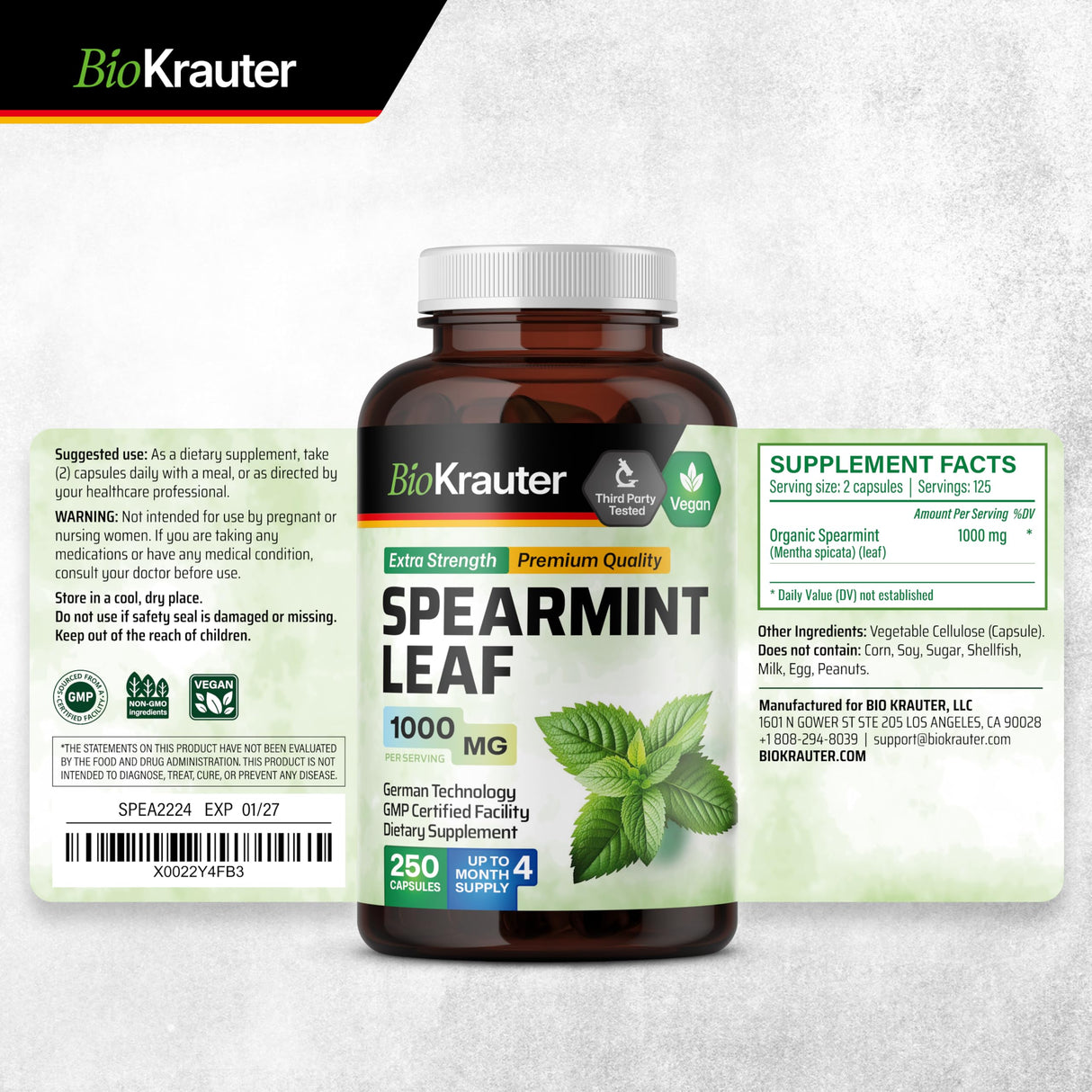 BIO KRAUTER Spearmint Capsules 1000 mg - 250 Count - Vegan Spearmint Supplement for Digestive & Respiratory Support - Mentha Spicata - No Fillers