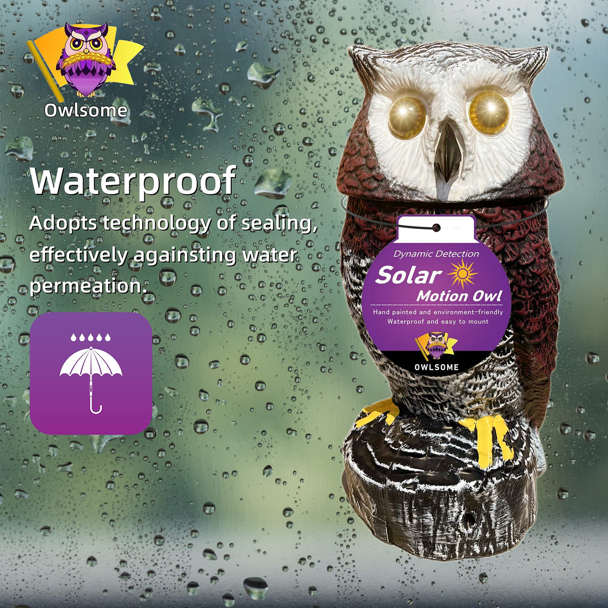 Owlsome Solar Red Owl with Flashing Eyes, Rotating Head, Hooting, Motion Detector and Silent Mode, Plastic Owl Garden Sculpture, Garden Decoration