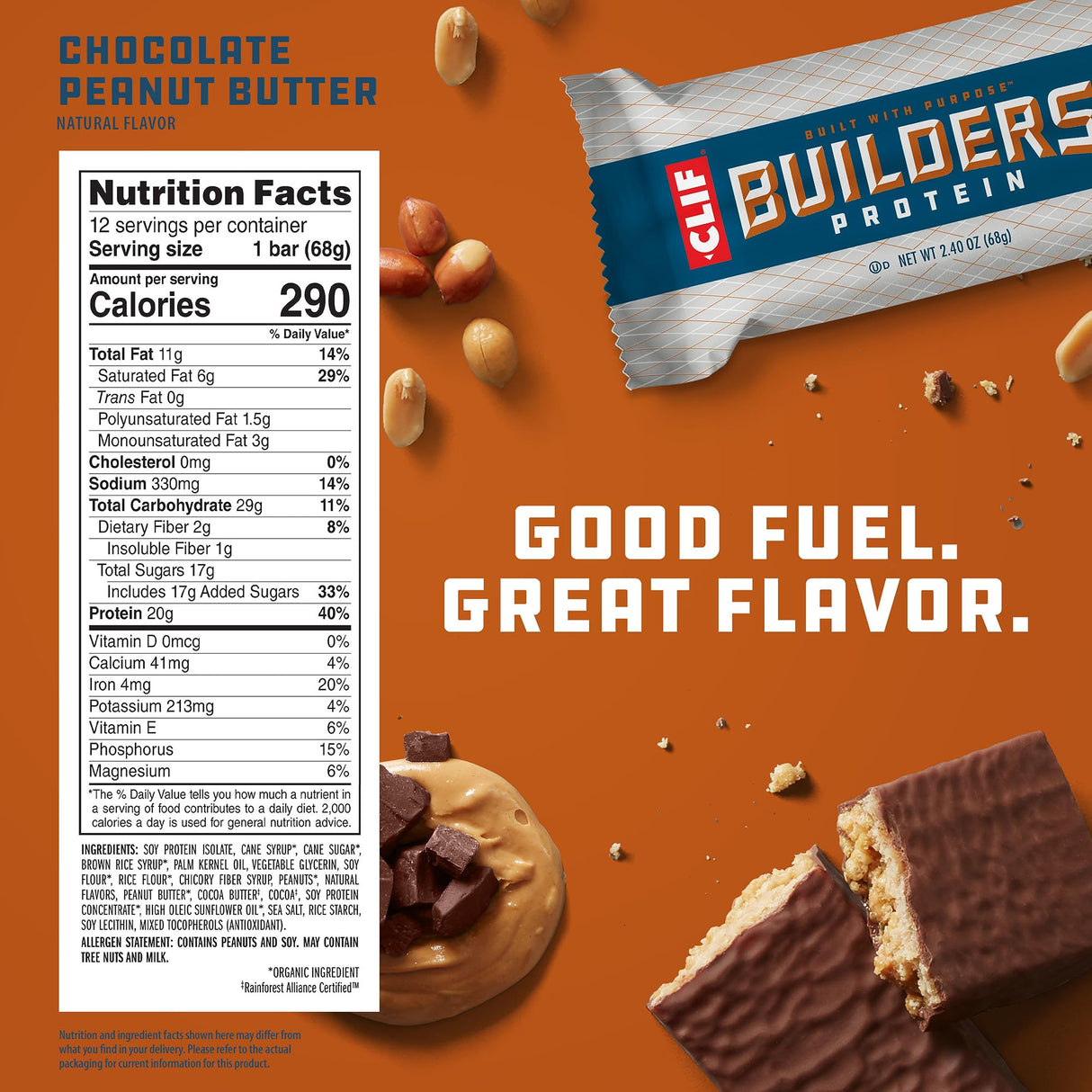 CLIF BUILDERS Protein Bars - Chocolate Peanut Butter Flavor - 20g Plant Based Protein - Gluten Free - Non-GMO - Low Glycemic - No Artificial Sweeteners - Value Pack, 2.4 oz. (12 Count)