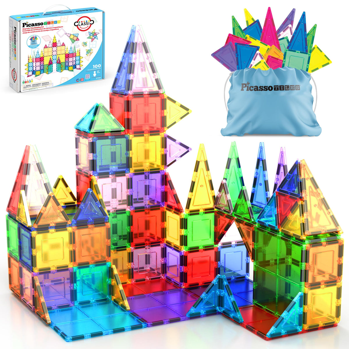 PicassoTiles 100 Piece Magnetic Tiles, Clear 3D Building Blocks for Ki ...