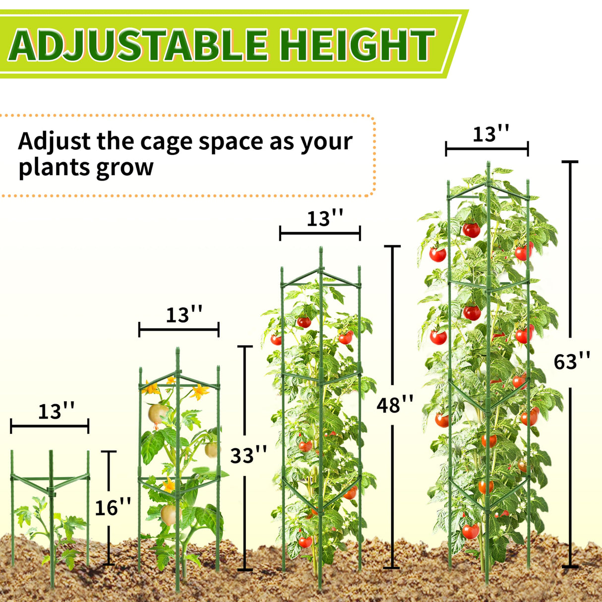 SORANGEUN 63-Inch Heavy Duty Tomato Cages, 4-Pack Extra Tall Metal Tomato Trellis, Steel Tube Plant Cage for Indeterminate Tomatoes, Cucumbers, Pole Beans – Rust-Proof Coated