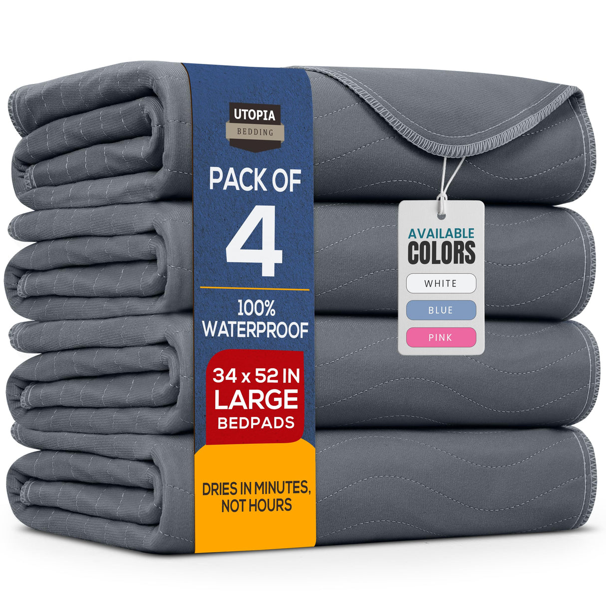 Utopia Bedding Washable Underpads 34" x 52" (Pack of 4), Waterproof Reusable Heavy Absorbency Incontinence Bed Pads for Adults, Kids, Elderly and Pets, Bedwetting Pads for Sofa and Couch (Grey)