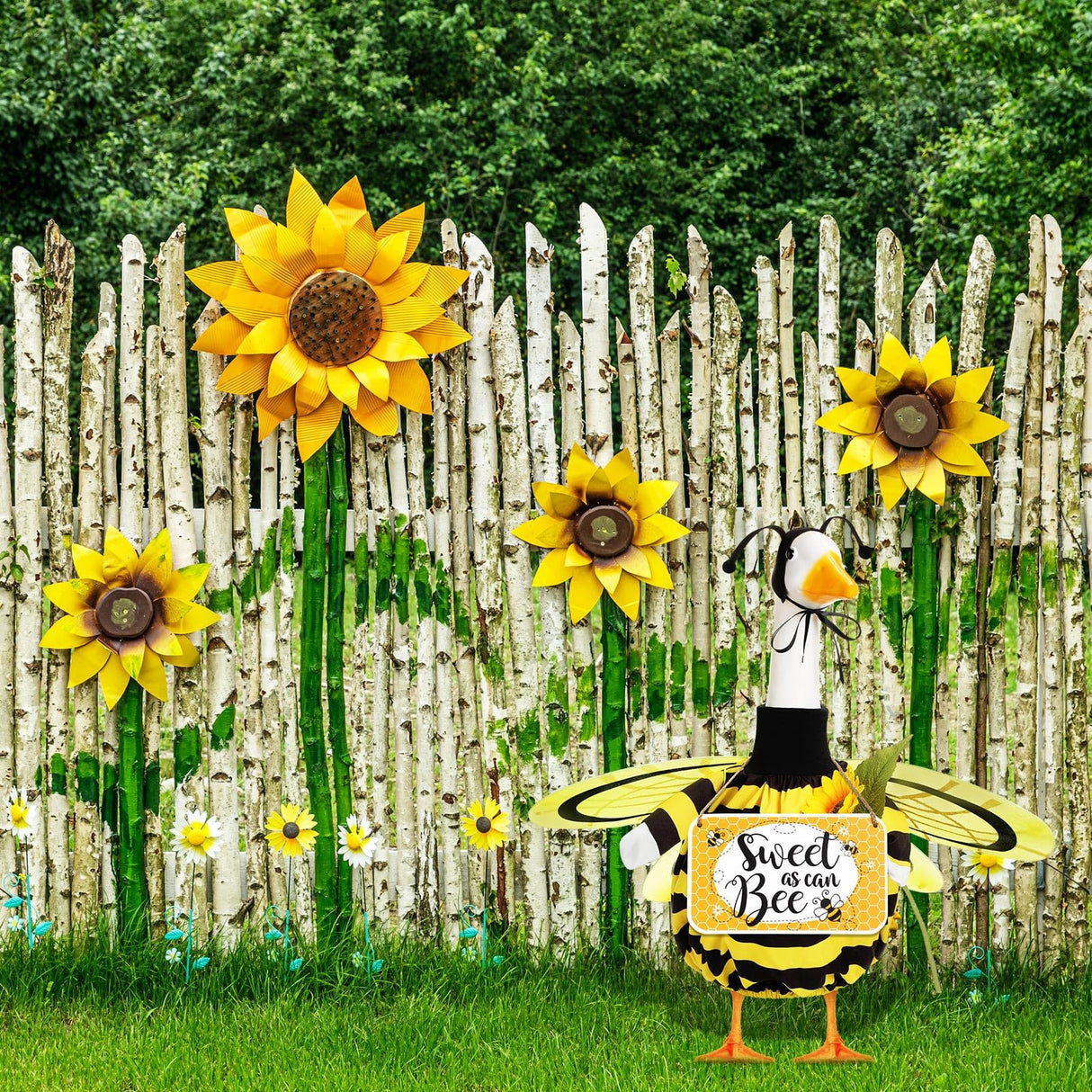 Mindsoft 2 Pcs Summer Porch Goose Outfit with Welcome Wooden Sign with Wings for 23" Cement Plastic Goose Statue Outdoor Patio Yard Lawn Art Decoration(Bee)