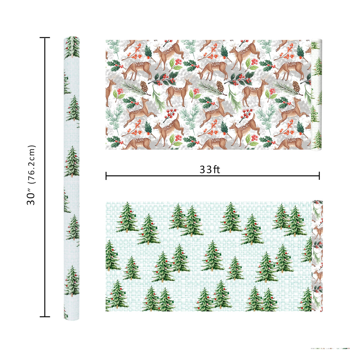 BIOBROWN Reversible Christmas Wrapping Paper - Jumbo Roll - 30 Inch X 33 Feet (82.5 sq. ft. ttl.) - Doe Floral Design Perfect for Xmas, Party, Holiday Gift Wrap