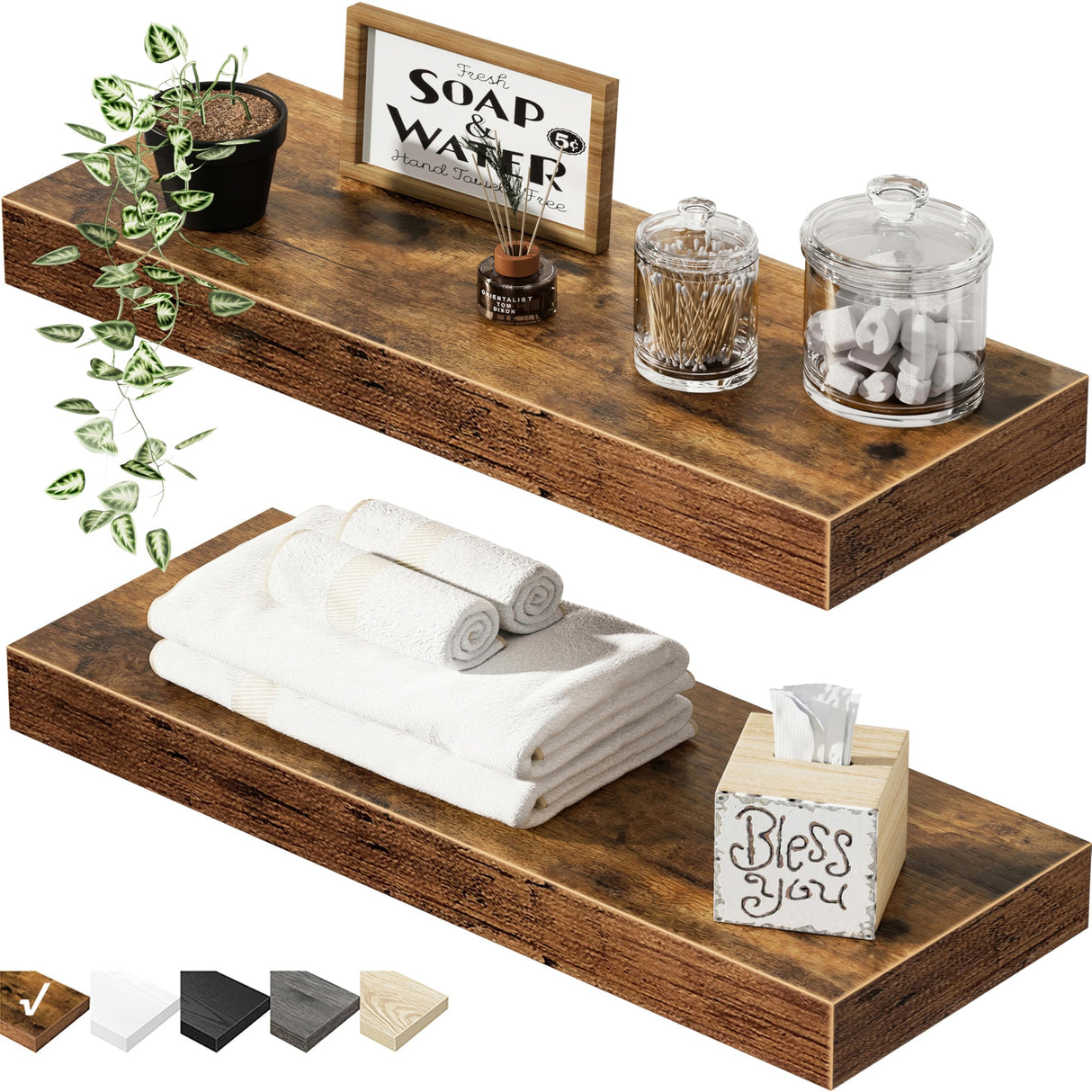 QEEIG Bathroom Floating Shelves for Wall - 15.7" Wall Mounted Shelf Over Toilet Farmhouse Home Decor Display Bookshelf Small 15.7 x 6.7 inch Set of 2, Rustic Brown (008-40BN)