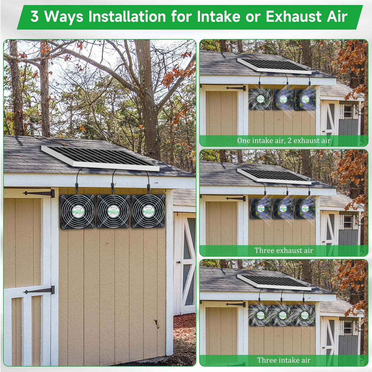 blessny Solar 3 Fan Kit for Intake or Exhaust air, Weatherproofed Solar Powered Fans for Outside Chicken Coops, Greenhouses, Shed, Pet House Air Ventilation