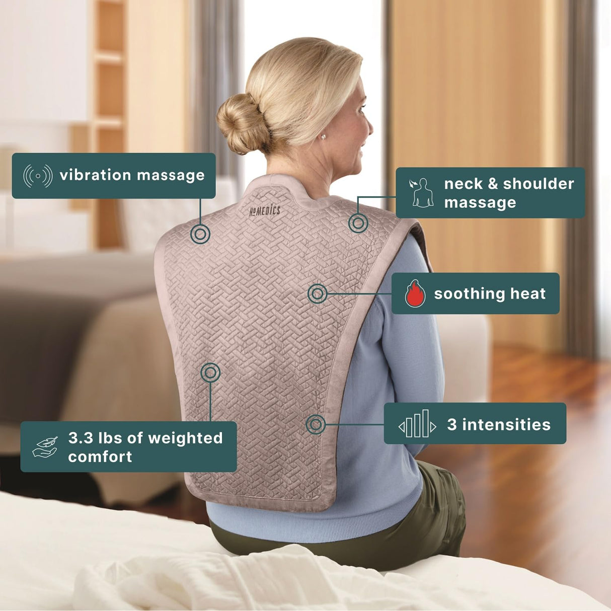 Homedics Vibration Heated Shoulder Massager Wrap, Comfort Pro Elite, Soft Fabric, Tension Relief, 2 Speeds & Styles, Long, NMS-450H