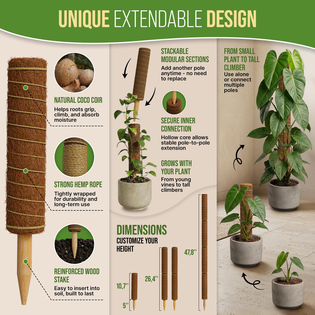 Organo Republic Moss Pole Monstera Plant Support Stakes - 2x26.4 or 48.7" Unique Self-Watering, Extendable Coco Coir Pole for Climbing Plant Supports for Potted Plants Indoor, Totem Pole for Pothos