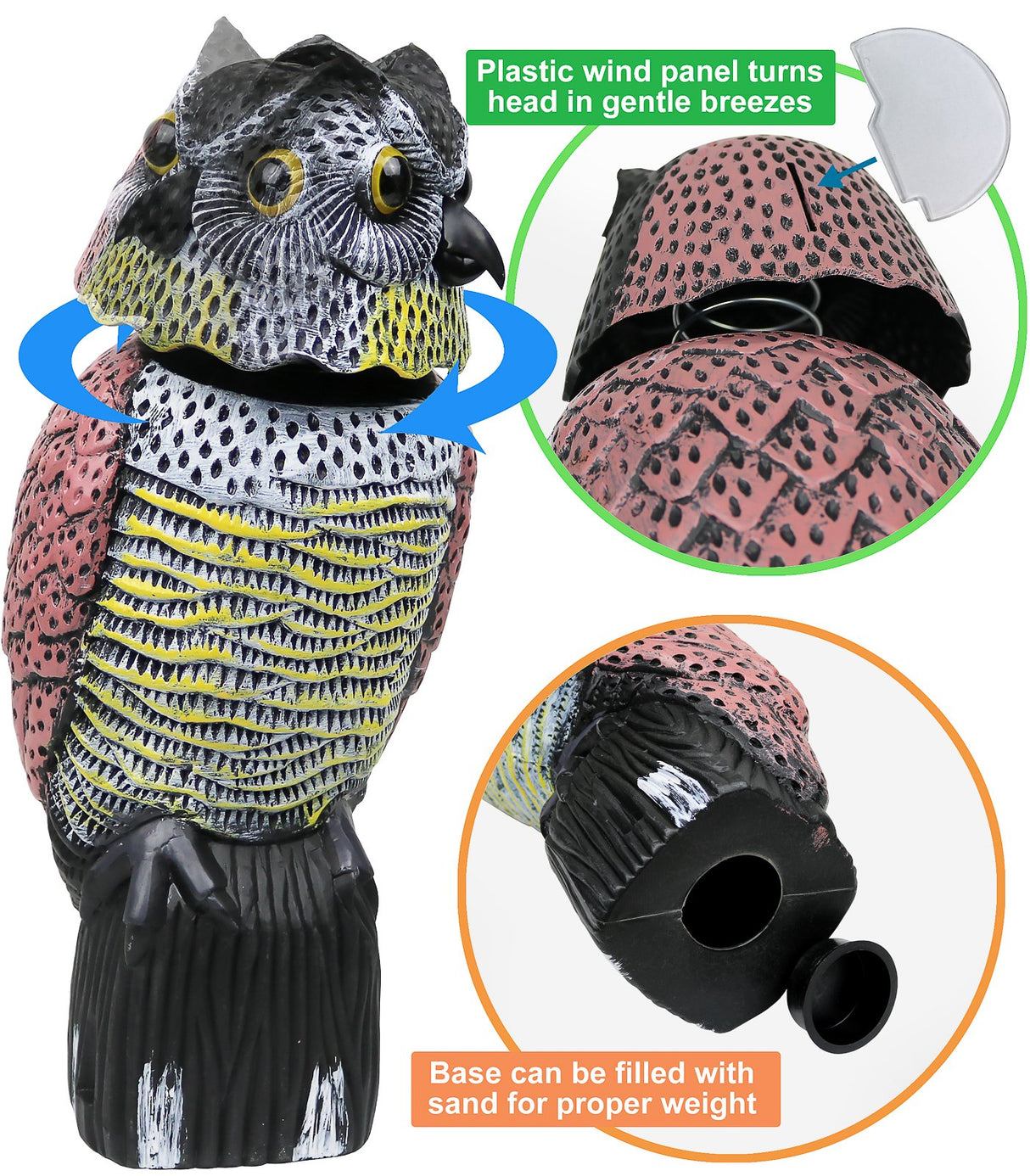 Owl Decoys To Scare Birds Away Scarecrow Fake Owl Rotating Head 16", 2Pk