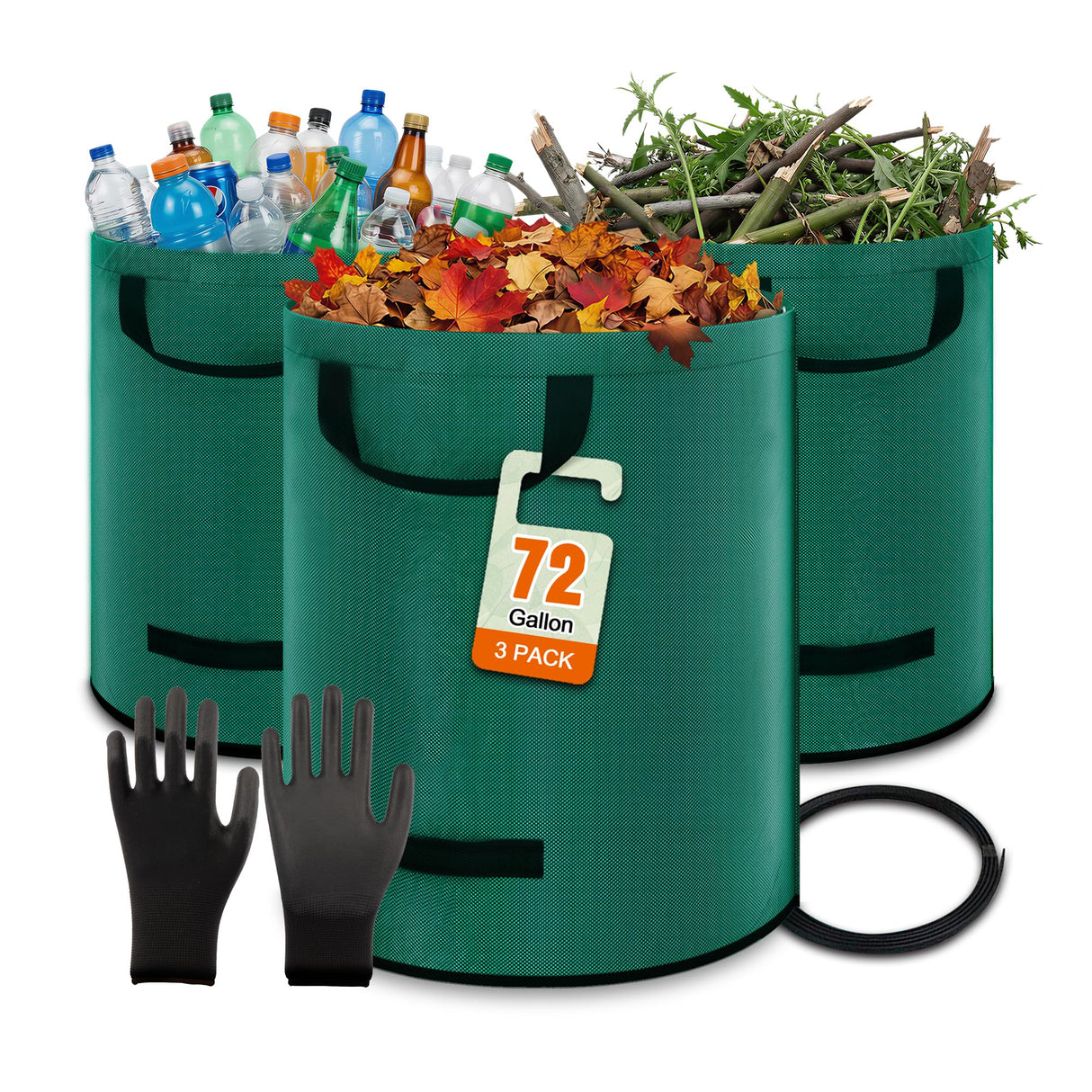 Kendo 72 Gallon Reusable Yard Bags, Heavy Duty 3 PCS Garden Leaf Bags with 4 Reinforced Handles for Fall Leaf Cleanup Grass Clippings Camping Trash