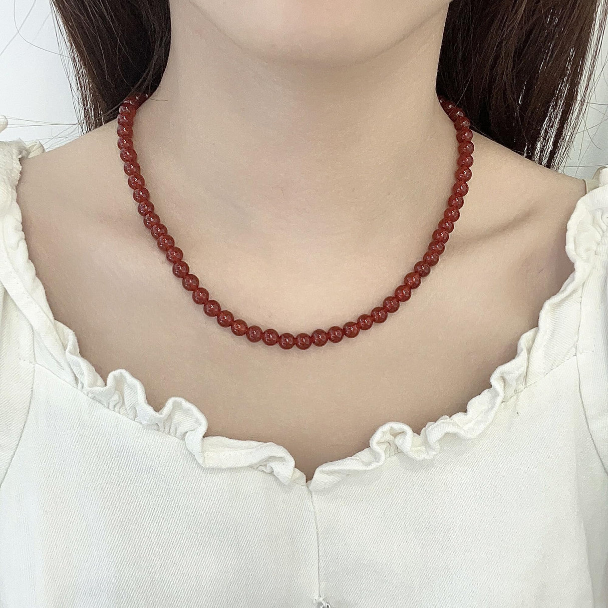 Kakikaki Beaded Natural Red Agate 6MM Round Beads Choker Necklace for Women