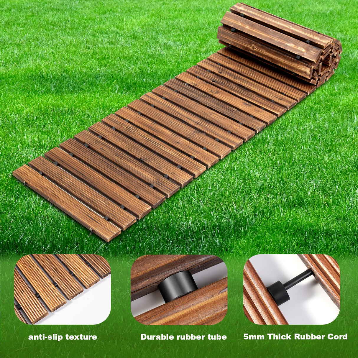 LINSHRY 12FT Wooden Garden Pathway, Outdoor Roll Out Decorative Garden Walkway, Weather-Resistant Non-Slip Hardwood Pathway for Garden, Backyard, Beach, Wedding Party Pathways(Dark Brown)