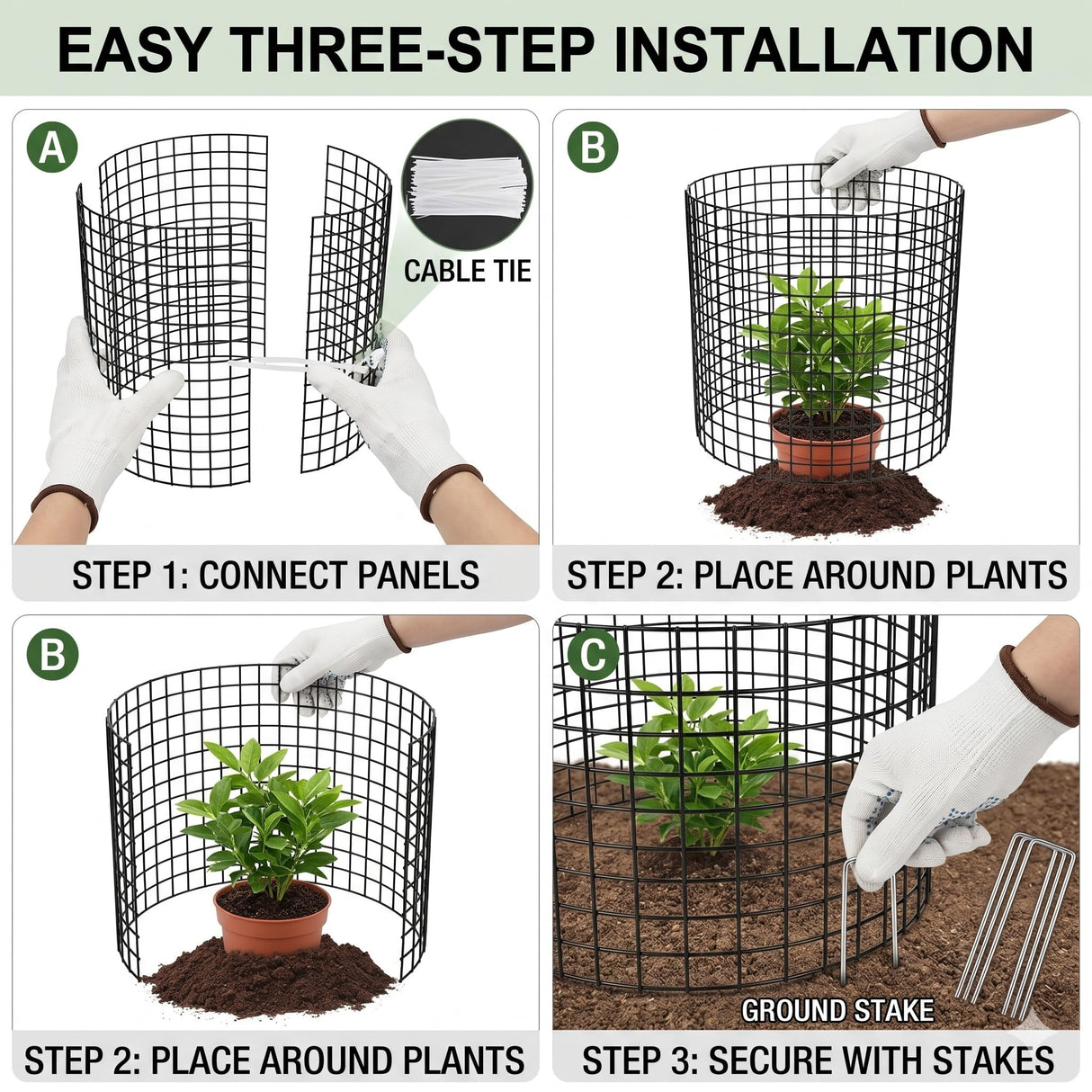 3Pack 17x14 Inch Green Coated Galvanized Wire Plant Protectors, 9Pcs Mesh Cloches with Stakes & Zip Ties, Chicken Wire Cage for Rabbits Squirrels Chickens, Garden Vegetable Seedling Protection