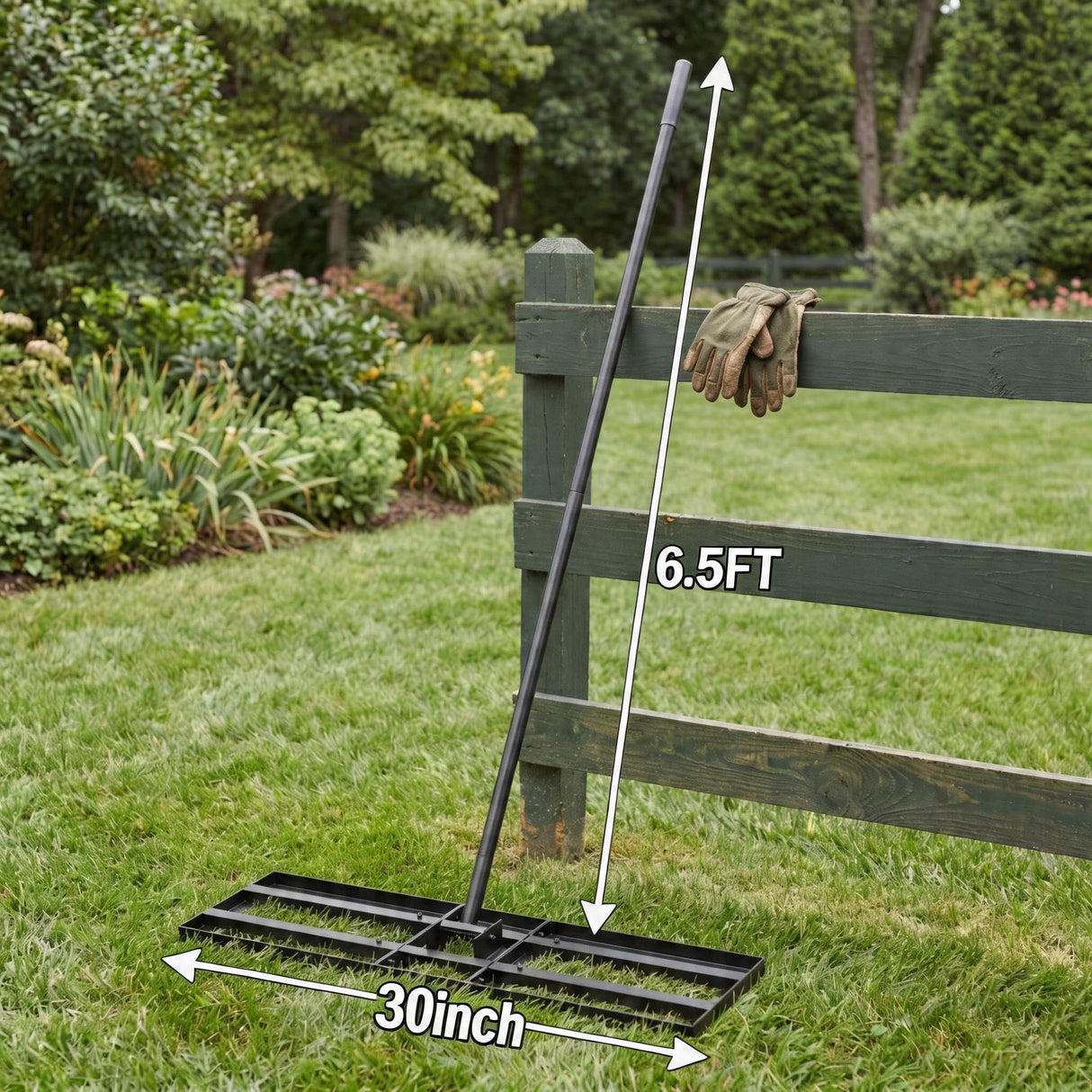 Lawn Leveling Rake - 30x10 Leveling Rake for Soil, Heavy Duty Yard Leveling Rake with 6.5FT Extra Long Handle, 2mm Thickened Stainless Steel Lawn Leveler, Landscape Tool for Dirt and Sand, with Gloves