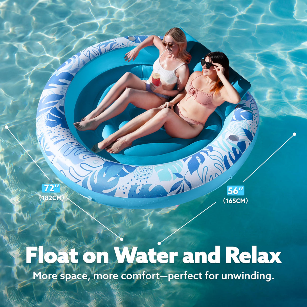 SLOOSH Inflatable Tanning Pool Lounger Float,72" x 65" Pool Floats Adult with Pillow,Luxury Fabric Large Suntan Tub Raft Floatie,Sunbathing Bed Lounge for Water Blow Up Kids Ball Pit Party Gifts,Blue