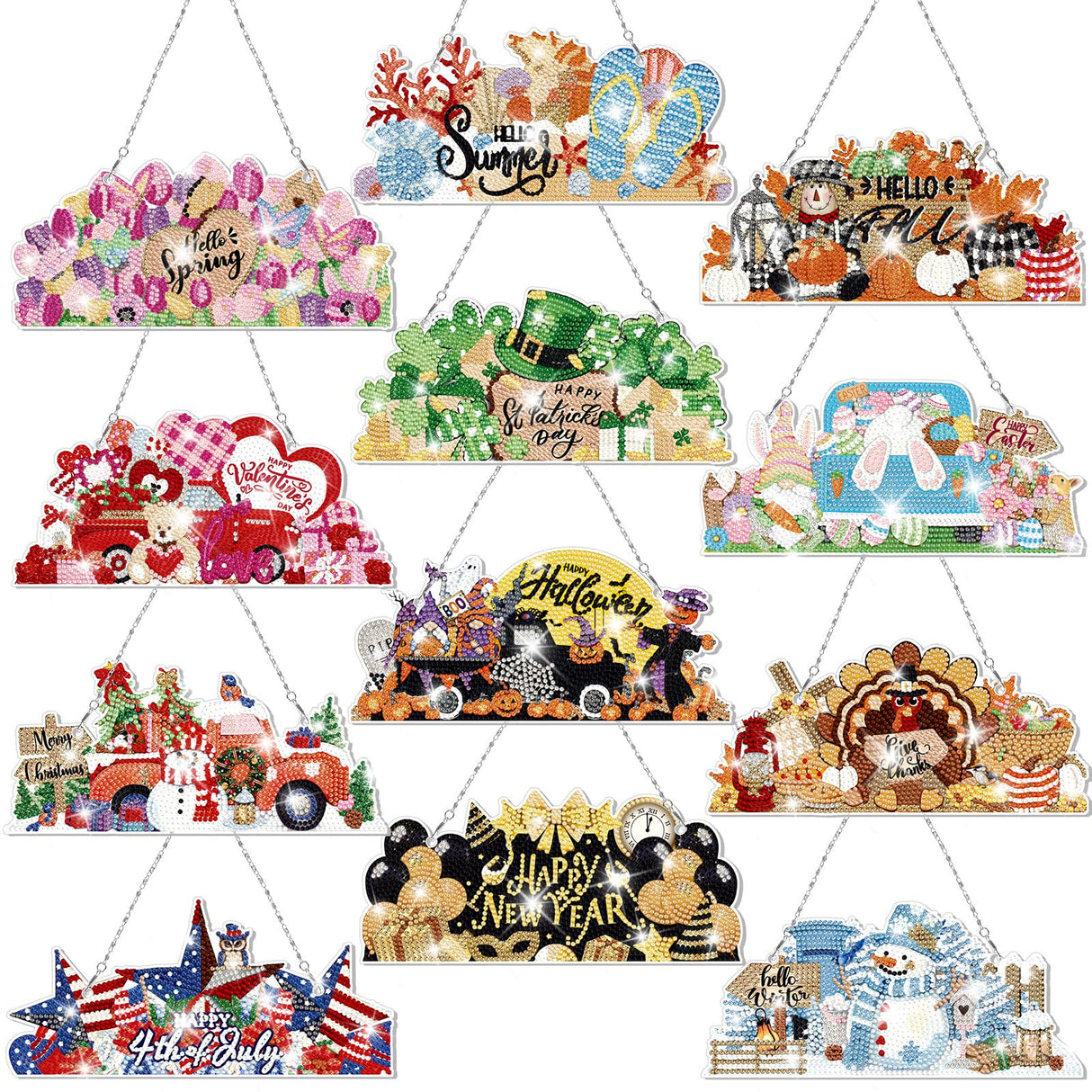 Cinnvoice 12 Pcs Seasonal Diamond Art Wreath Kits Holiday Fall Halloween 5d DIY Diamond Art Hanging Signs Thanksgiving Christmas Ornaments for Wall Door Decoration(Novel)