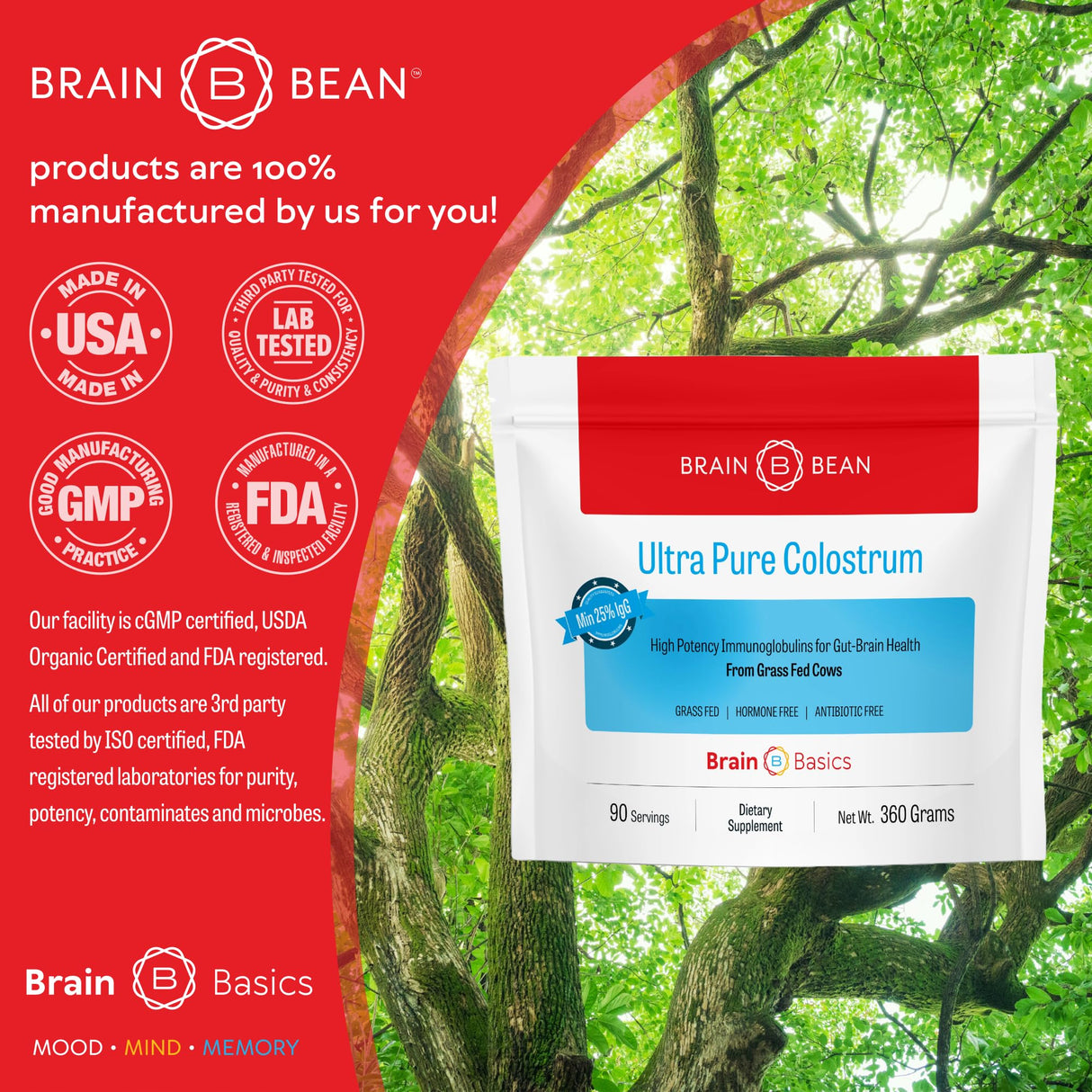 Brain Basics Ultra-Pure Colostrum, 4000mg per Serving, Min 25% IgG antibodies, Gut-Brain-Immune Health, Glowing Hair and Skin. Colostrum Powder from Grass-Fed Cows. 360 Grams - 90 Servings