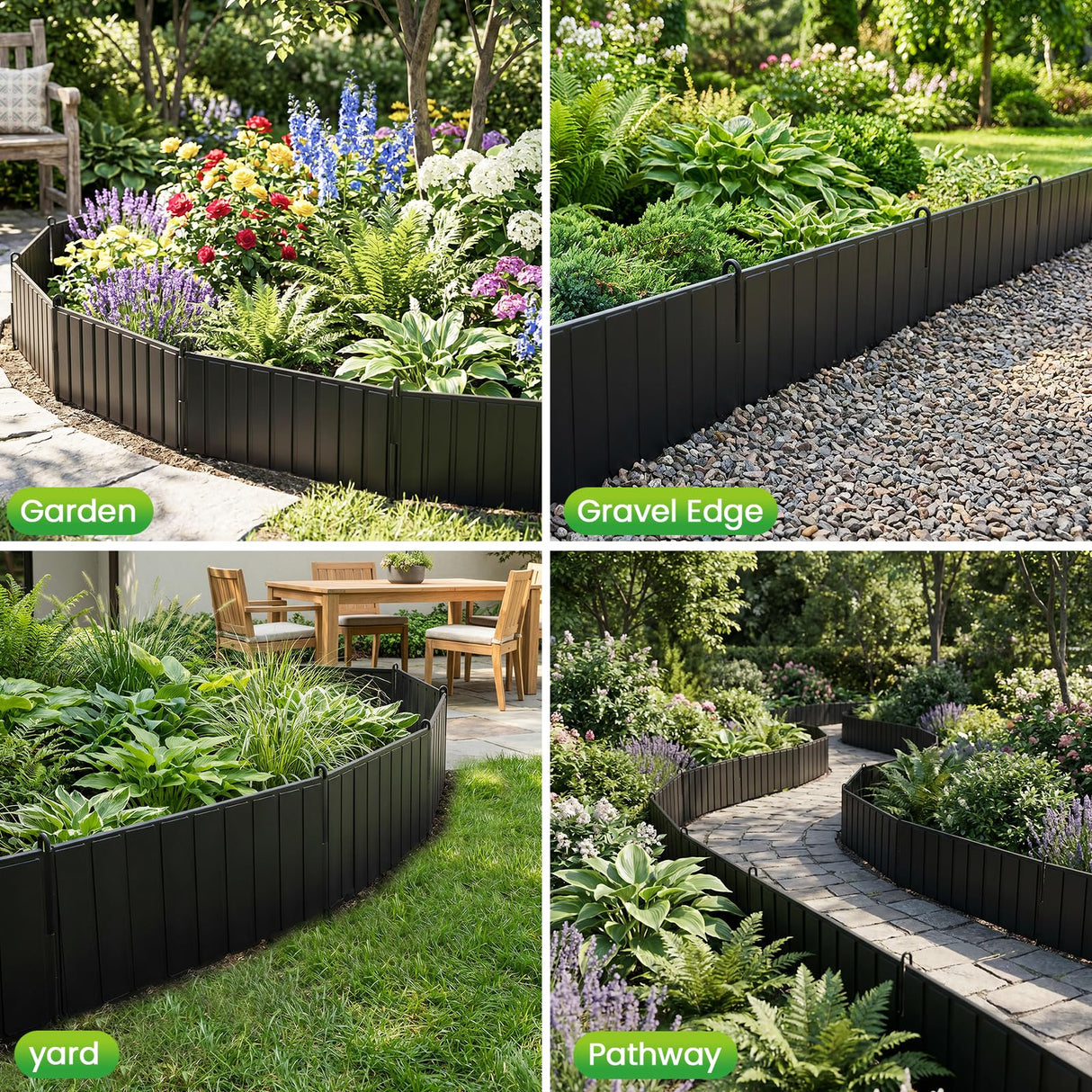 15 Panels Metal Landscape Edging, 6.2in (H) x 20 ft (L)–No Dig Garden Edging with 16 Stakes, Modular Adjustable 0-270°for Tree Rings & Yard Pathways, Anti-Rust Metal Garden Border(Black)