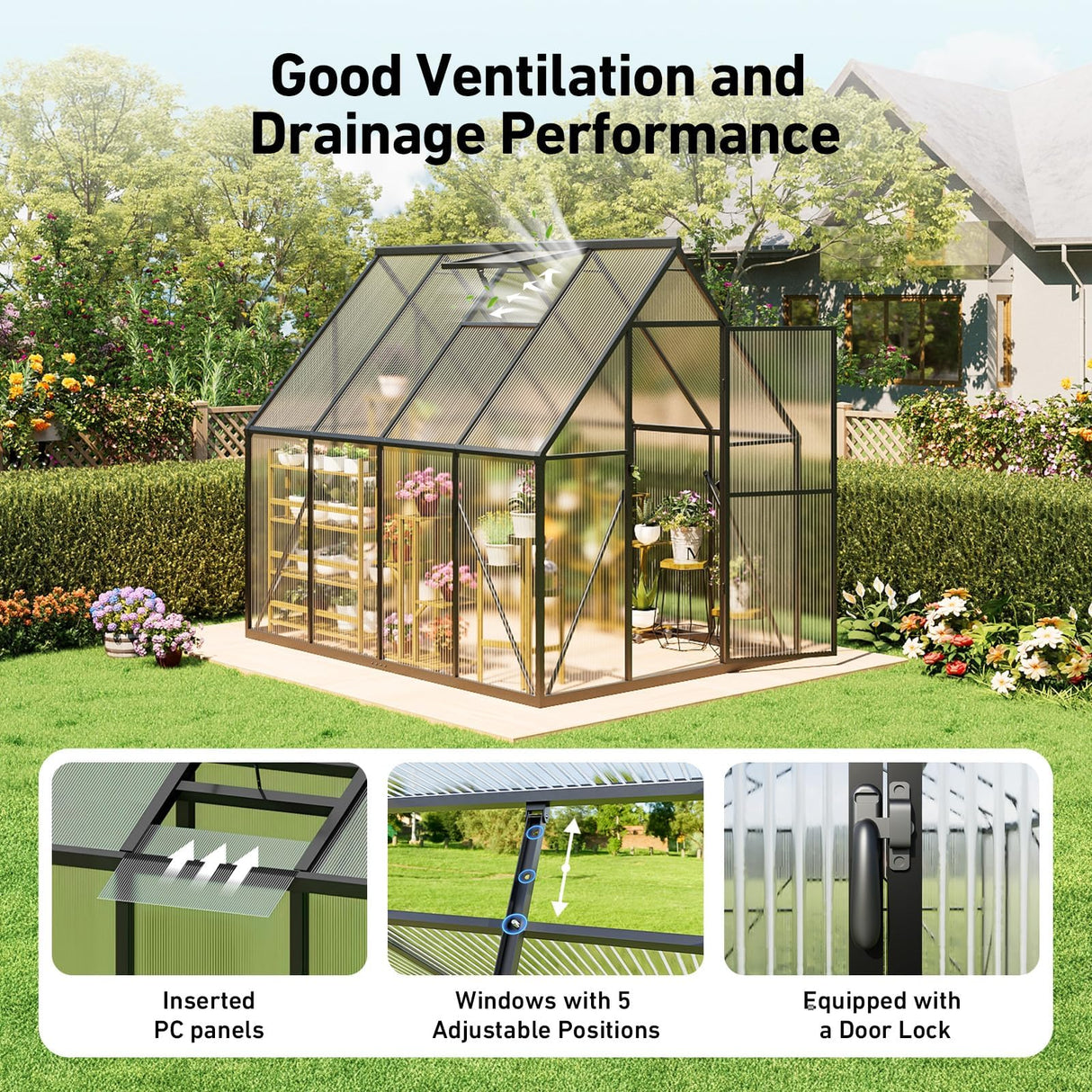 6x8 FT Greenhouse with Hygrometer, Greenhouses for Outdoors with Heavy Duty Aluminum Frame, Quick Setup Plant Gardening Green Houses for Outside with Lockable Door & Vented Roof Window