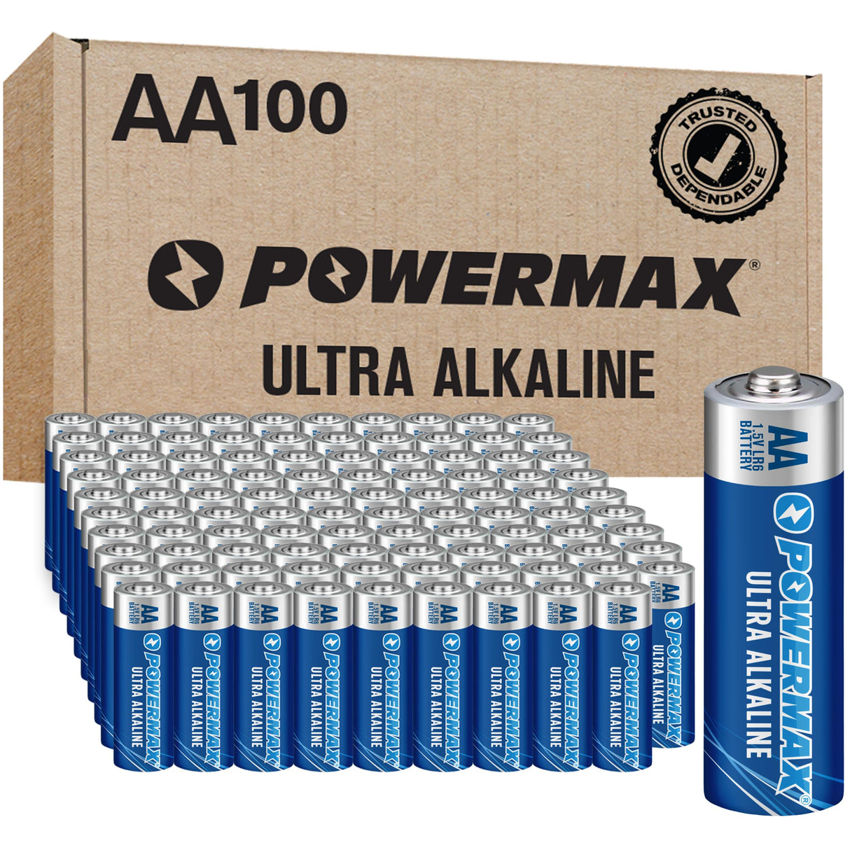 Powermax 100-Count Double AA Batteries, Ultra Long Lasting Alkaline Battery for Home and Office, 10-Year Shelf Life, Reclosable Packaging