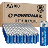 Powermax 100-Count Double AA Batteries, Ultra Long Lasting Alkaline Battery for Home and Office, 10-Year Shelf Life, Reclosable Packaging