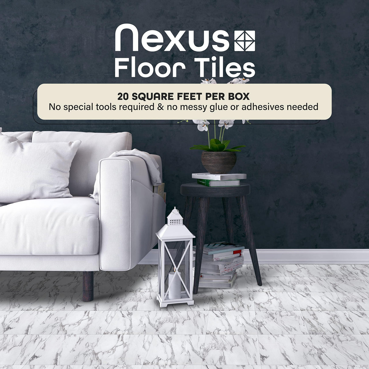 Nexus Self Adhesive 12-Inch Vinyl Floor Tiles, 20 Tiles - 12" x 12", Bianco Marble Pattern - Peel & Stick, DIY Flooring for Kitchen, Dining Room, Bedrooms & Bathrooms by Achim Home Decor
