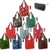 BeeGreen Christmas Reusable Grocery Bags 10 Pack Reusable Shopping Bags Bulk Christmas Gifts Tote Bags with Zipper Storage Pouch Elastic Band Foldable-Machine Washable