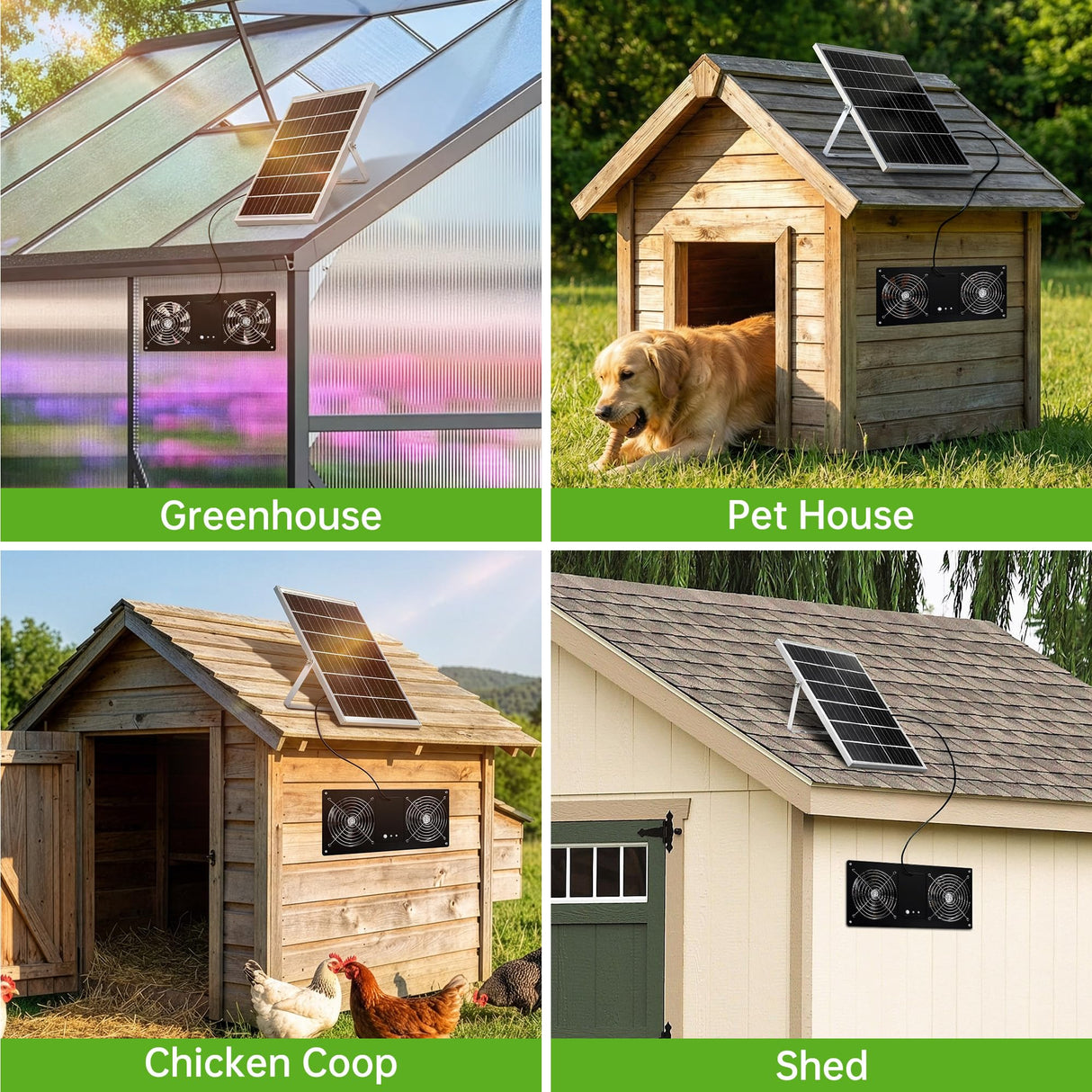 ropelux Solar Fan for Chicken Coop, Solar Powered Dual Exhaust Fans with 18000mAh Battery & 2 Timers, 24/7 Strong Airflow Cooling Ventilation for Greenhouses, Dog Houses, Attics, Sheds, Cabins