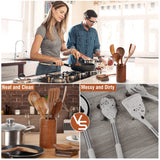 Mooues Wooden Kitchen Utensil Set, 9 Piece Natural Teak with Spoon Rest