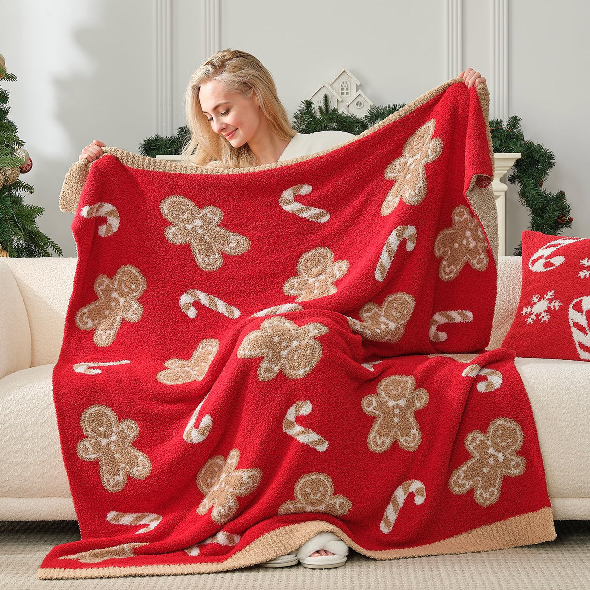 Snuggle Sac Christmas Gingerbread Man Throw Blanket Red Candy Cane Blanket 50x60 inches, Ultra Soft Reversible Cozy Throw Blanket for Couch, Sofa and Bed for Xmas
