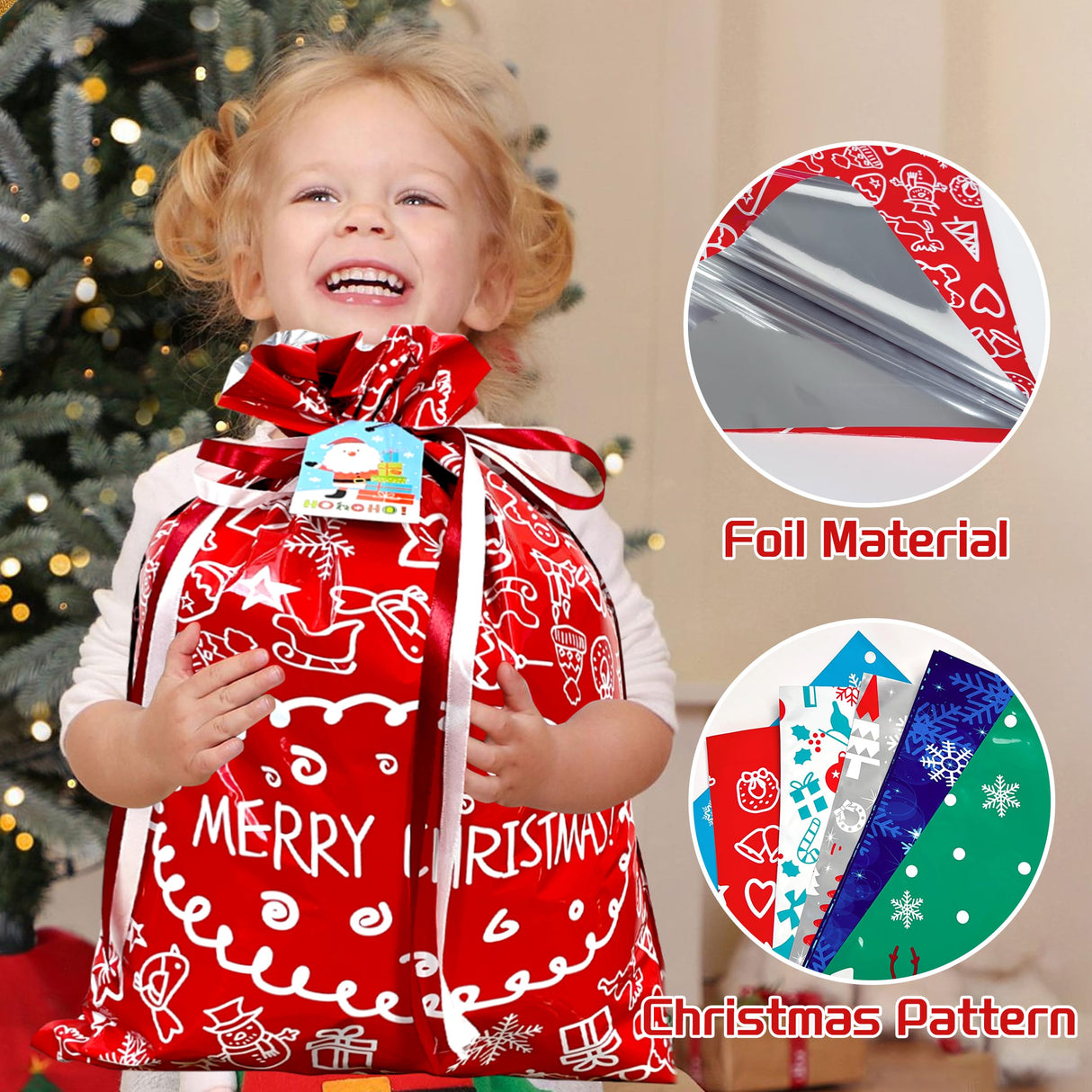 38PCS Christmas Drawstring Gift Bags Assorted Size Small Medium Large, Holiday Xmas Presents Wrapping Bags with Tags