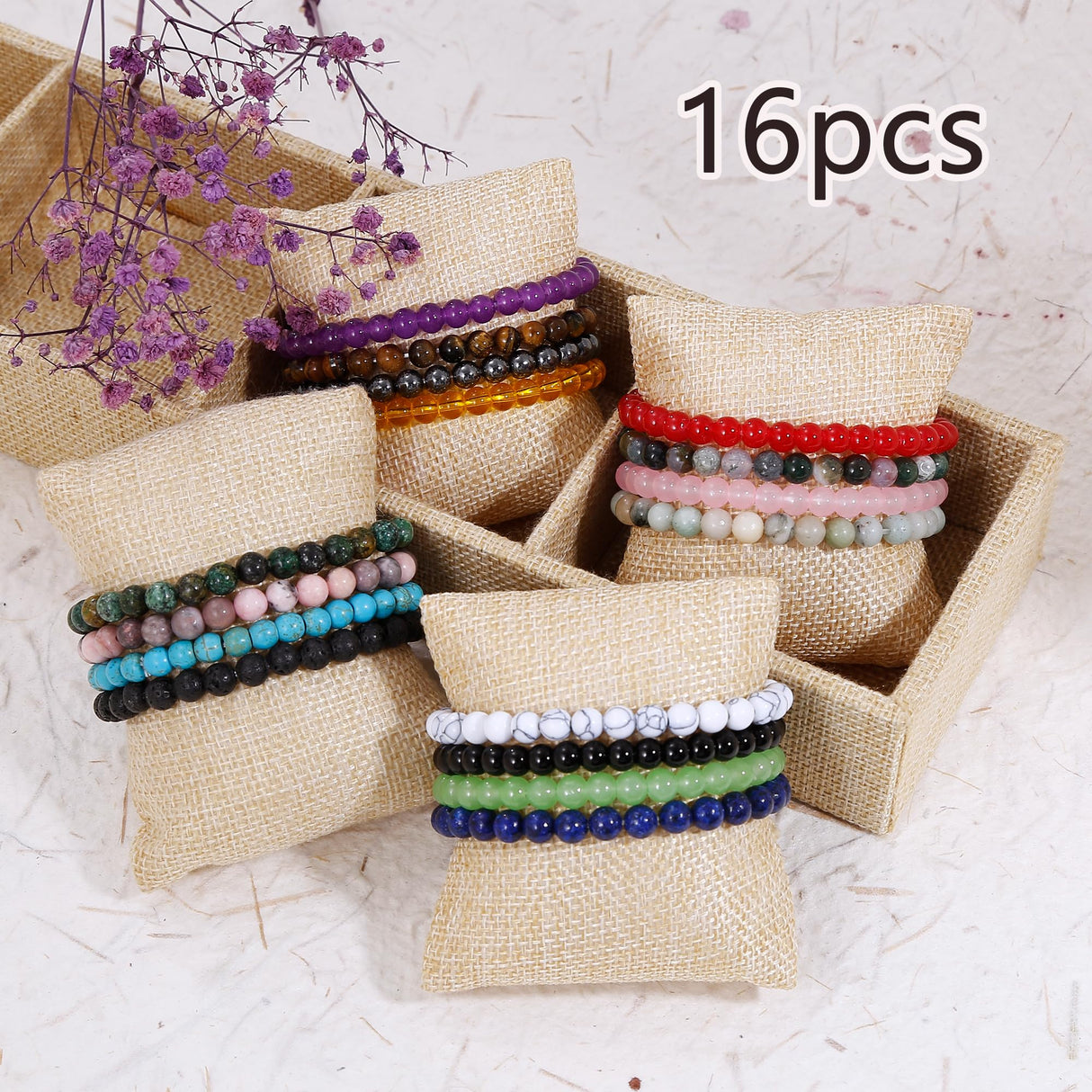 BROCC 16PCS Natural Healing Crystal Bracelets for Women 6mm Beads Bracelet