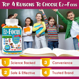 Ez Focus Gummies for Kids Brain Focus Support Chewable Focus Kids Vitamins Attention Supplement for Kids Children and Teens Kids Gummies for Focus Calming Natural Omegas DHA School Study Task