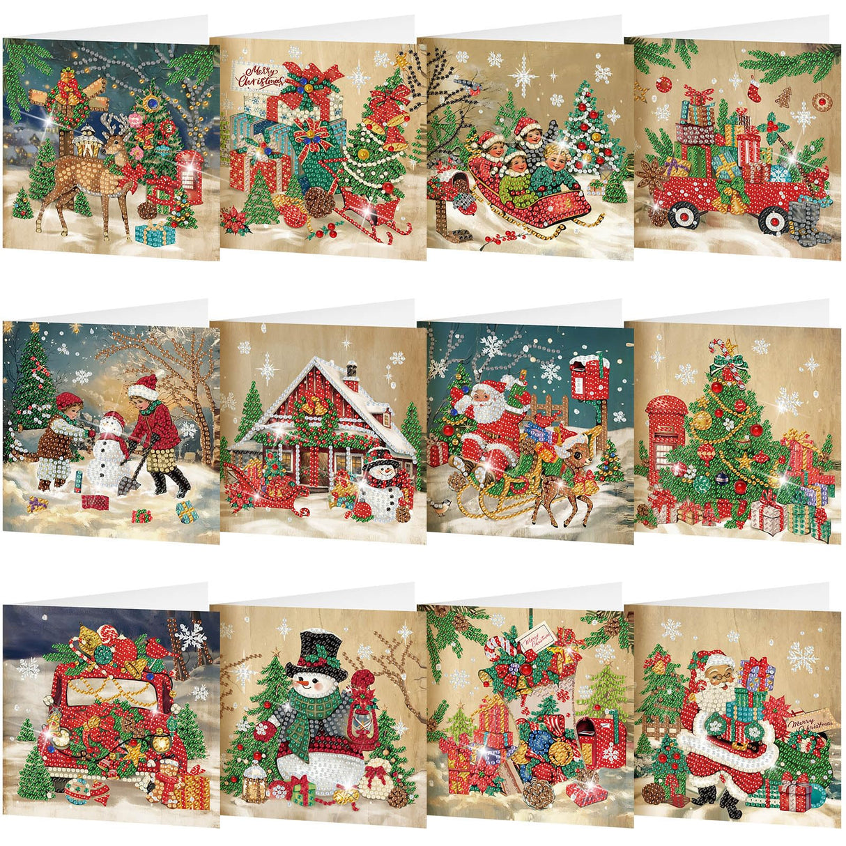 Saillong 12 Pack Vintage Christmas Diamond Painting Greeting Card Kits DIY Retro Christmas Diamond Art Cards with Envelopes Xmas 5D Rhinestones Painting for Adults DIY Craft Family Friend Xmas Gifts