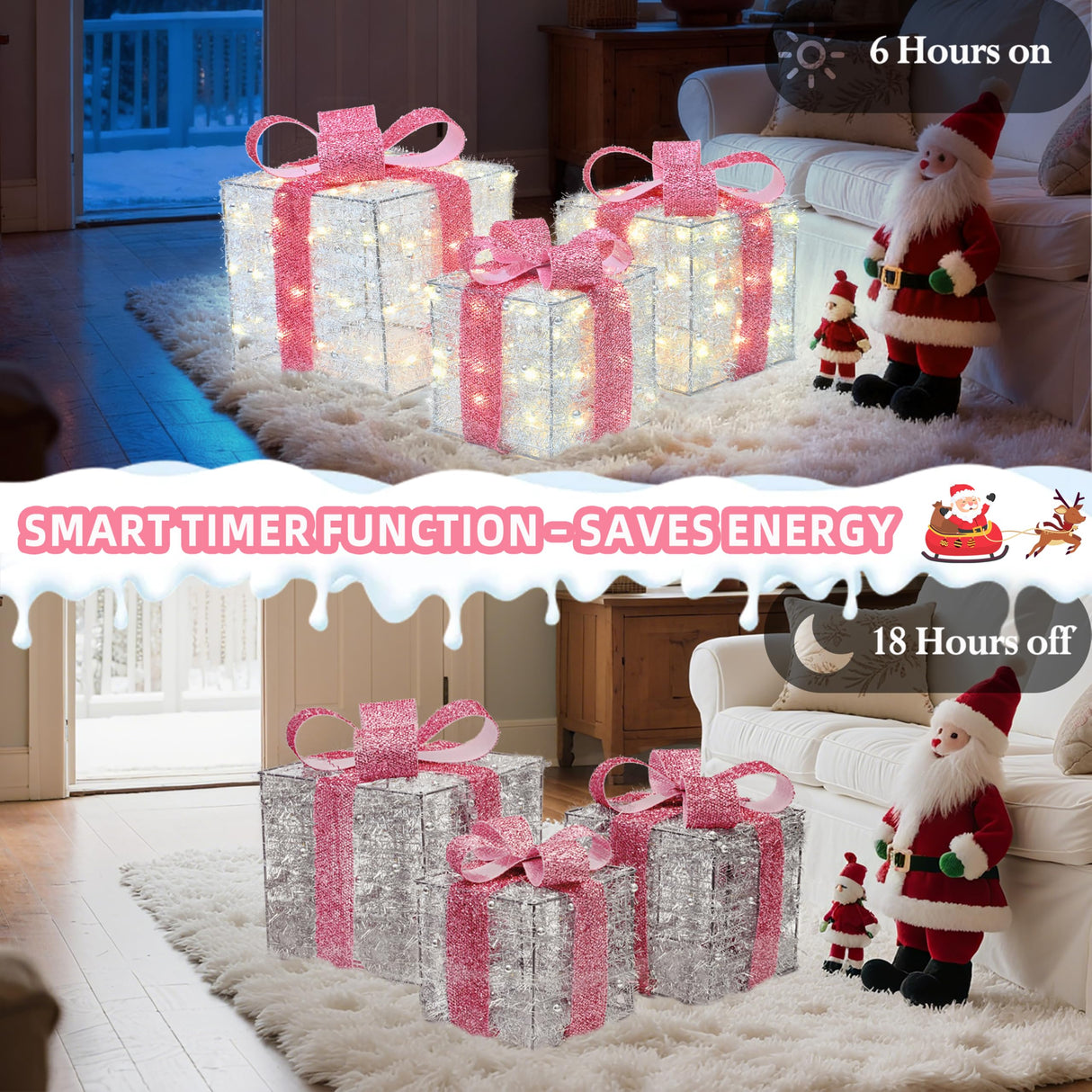Christmas Decorations, 140 LEDs Set of 3 Lighted Gift Boxes with Silver Tinsel and Pink Bows, Warm White Present Boxes for Indoor Outdoor Holiday Party Yard Bedroom Home Xmas Decor