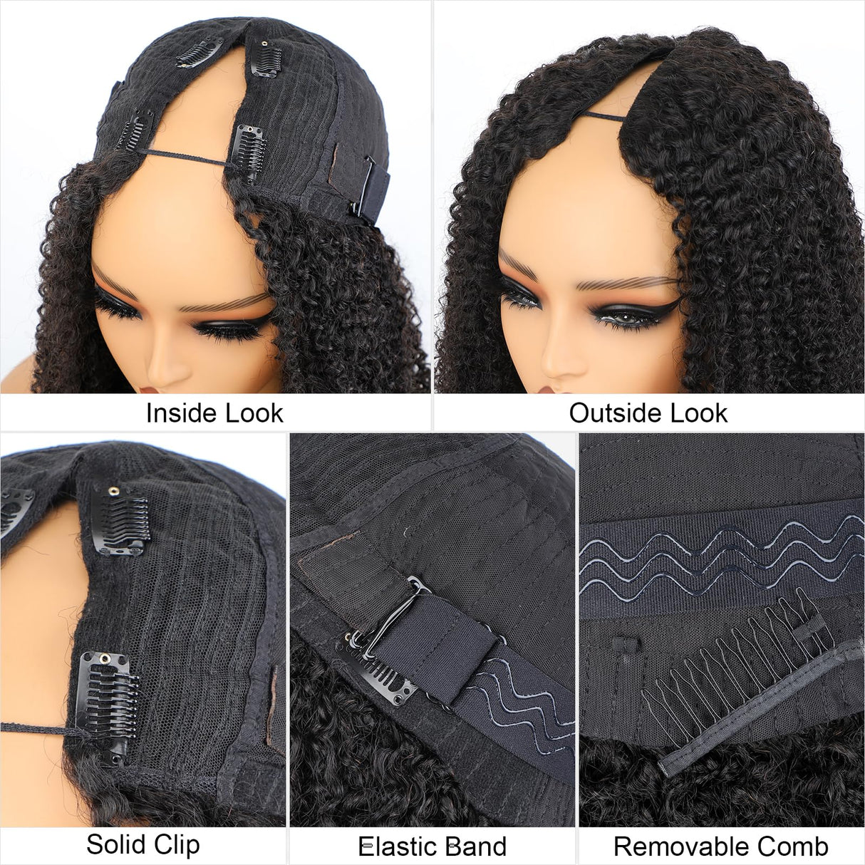 ISEE V Part Human Hair Afro Curly Minimal/No Leave Out Upgrade U Part Wig for Black Women Human Hair V Shape Wig Kinky Curly Thin Part Glueless Clip In Half Wig 180% Density Natural Color 16 Inch