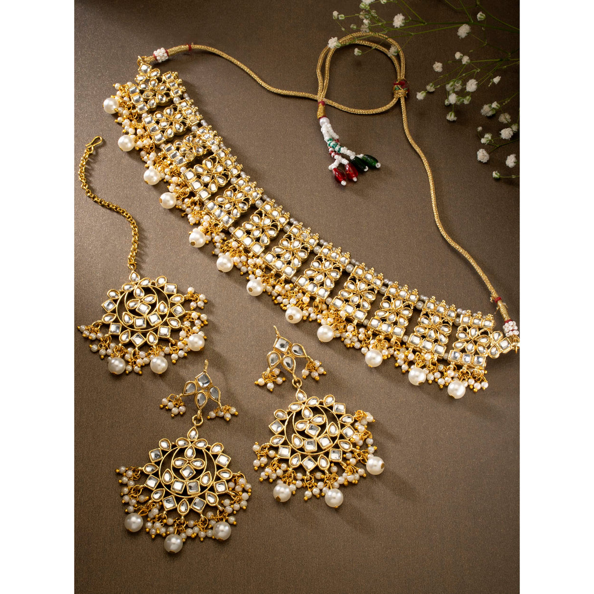 Aheli Indian Faux Kundan Studded Choker Necklace with Maang Tikka Earrings Ethnic Wedding Festive Fashion Bharatanatyam jewellery set Gift for Women